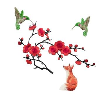 Imagem de 4 peças de flores de animais da floresta costurados em adesivos de floresta, remendos de flores de pássaro raposa para jaqueta, chapéus, mochila, jeans, roupas, sapatos