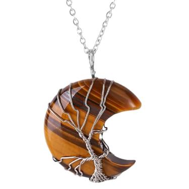 Imagem de HLbshi Colar artesanal com pedra preciosa de cristal e lua crescente envolto em cobre com pingente de árvore da vida e reiki para cura de chacras para mulheres e homens, Gema, definição da liberdade