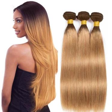 Imagem de T4/27 Cabelo Humano Liso Cabelo Humano Liso Ombre Loiro Mel Não Processado Cabelo Humano Virgem Brasileiro 3 Feixes 66 71 71 76 cm Trama Dupla Sem Queda