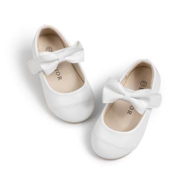 Imagem de Bellocasa Mary Jane Sapatos sociais para meninas pequenas, sapatilhas, bailarinas, flores, meninas, festa de casamento, laço, princesa, D - branco, 9 Toddler