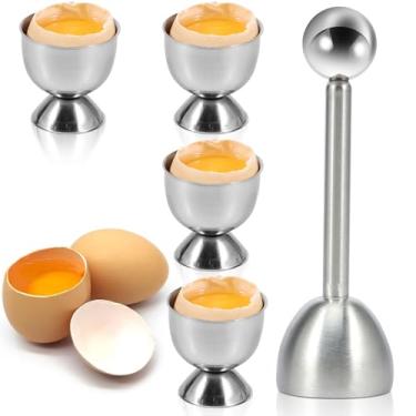 Imagem de DJAPWPX Conjunto de 5 peças de topo de biscoito de aço inoxidável, cortador de topo de ovo fácil de abrir, biscoito de ovo, abridor de casca de ovo, cortador de topo de ovo ferramenta de corte com 4