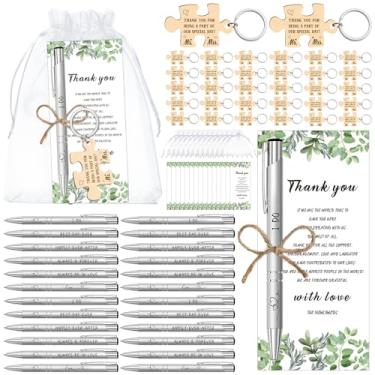 Imagem de Tenceur 50 conjuntos de lembrancinhas de casamento para convidados, presente de canetas esferográficas retráteis, chaveiros de madeira a granel com cartões de agradecimento, bolsa de organza para
