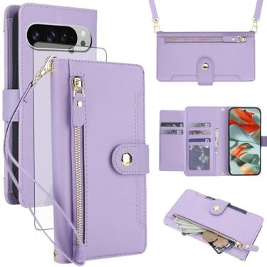 Imagem de Asuwish Capa de celular para celular Google Pixel 10 Pro XL com zíper, protetor de tela de vidro temperado e alça transversal, porta-cartão de crédito Pixel10 10Pro 10ProXL Dez mulheres meninas roxo