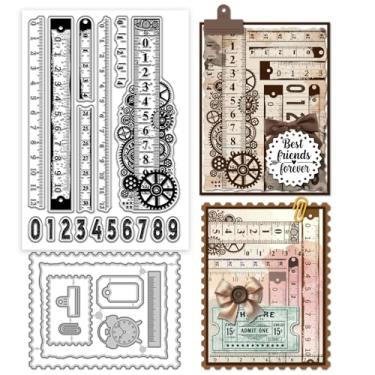 Imagem de GLOBLELAND Régua retrô, carimbos transparentes e cortes de metal, número transparente, moldura de etiqueta, matrizes de corte para fazer cartões, gravação em relevo, scrapbooking