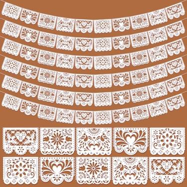 Imagem de FYSUIMU Pacote com 6 faixas de papel branco mexicano Picado Cielito Lindo guirlanda de feltro para casamento, batismo, chá de bebê, cinco de maio, decoração de festa