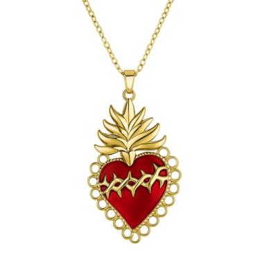 Imagem de Pierced Owl Colar com pingente de coração vermelho de arame farpado sagrado banhado a ouro 18K