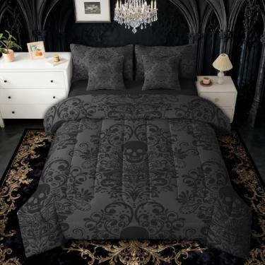 Imagem de Feelyou Conjunto de edredom de caveira gótica com 7 peças, Queen, estampa damasco, para crianças, meninos, meninas, boêmia em uma bolsa, verde-oliva escura, microfibra leve e macia