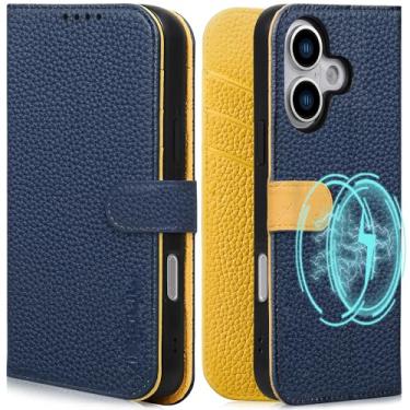 Imagem de VISOUL Capa carteira para iPhone 17 com 3 compartimentos para cartões, capa protetora de couro real com bloqueio de RFID, suporte magnético, com fecho magnético, projetada para iPhone 17 (6,3