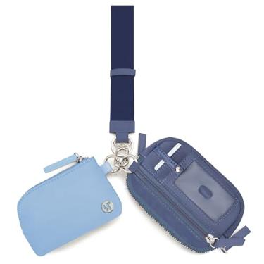 Imagem de Sunpour Carteira feminina de náilon, porta-chaves de bolsa dupla com janela para identidade, bolsa de moedas e alça de pulso para viagens, Azul claro, Small