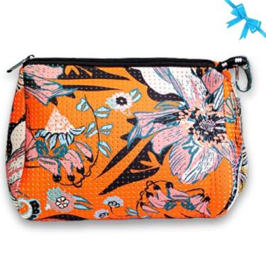 Imagem de Bolsa de maquiagem grande da marca Pop Ups com zíper – bolsa organizadora de cosméticos de neoprene lavável à máquina para viagem, Estampa de flor laranja