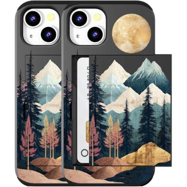 Imagem de MUQR Capa compatível com iPhone 15 com porta-cartão fofo - Design Kawaii, proteção contra quedas de nível militar, capa carteira robusta para mulheres (montanha abstrata preta)