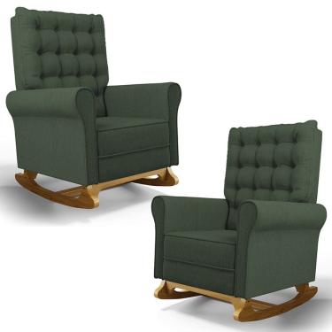 Imagem de Kit 02 Poltronas de Amamentação e Descanso Base Madeira Balanço Brenda G05 Linho Verde - Mpozenato