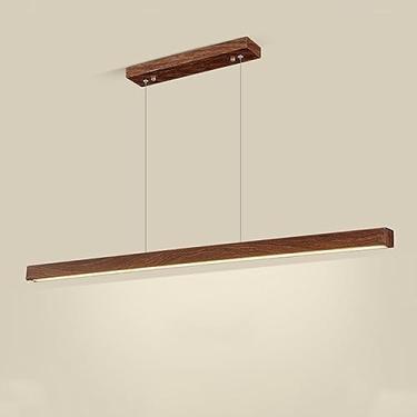 Imagem de Lustre de escada com pendente linear em madeira, lustre de tira longa de metal com cúpula de acrílico branco, luminárias suspensas ultrafinas para sala de jantar, lustre de LED para decoraçã