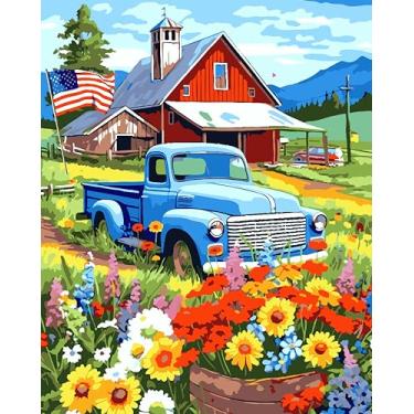 Imagem de ZTOTZ Kit de pintura de caminhão azul vintage por números para adultos, 40,6 x 50,8 cm American Farm Countryside Paint by Number Canvas, Red Barn - Conjunto de pintura a óleo de paisagem floral para