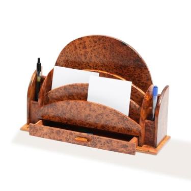 Imagem de YEMMA GOODS Organizador de mesa de madeira Thuya Burl feito à mão, porta-documentos com gaveta, padrão de grão de madeira natural, 7 x 7 x 10 cm