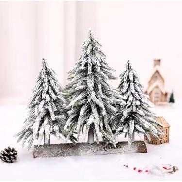 Imagem de Árvore de Natal Decorativa Nevada com Base de Madeira, Verde e Branco, 34x25cm, 3 Peças, Decoração Natalina para Mesa (3)