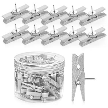 Imagem de GOOLADA 50 peças de grampos de pressão de madeira prateada, prendedores fofos de prendedor de roupa e alfinetes, pinos decorativos de madeira para quadro de cortiça, quadro de avisos, parede de fotos