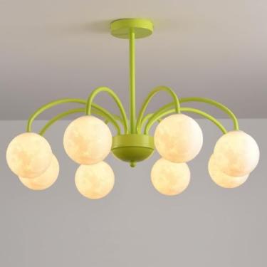 Imagem de Lustre Leite Branco Lustres Modernos Metal Teto Luz com Impressão 3D Bola da Lua Nordic Pendurado Lâmpada Pendente Luz para Quarto Cozinha Ilha Sala de Jantar Sala de Estar, Verde-8 Luzes