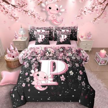 Imagem de Erosebridal Conjunto de cama axolotl rosa para meninas adolescentes (rosa e preto, 7 peças, tamanho Queen) – Lindo conjunto de edredom com letra P com letra P em uma bolsa, conjunto de edredom