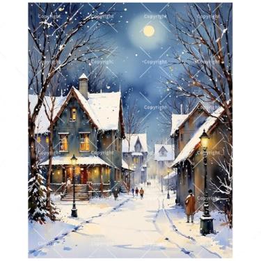 Imagem de Kit de pintura por números Winter Village para adultos - Cena de rua com neve DIY com lanternas e casas pintura em tela, conjunto de tinta acrílica para iniciantes, arte para decoração de casa ou