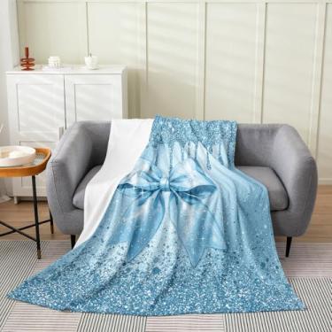Imagem de Cobertor infantil de lã com laço de aquarela 101,6 cm x 127 cm laço de glitter azul (sem glitter) para cama, sofá, cadeira, sala de estar, para meninos e meninas, cobertor de flanela fofo com laço