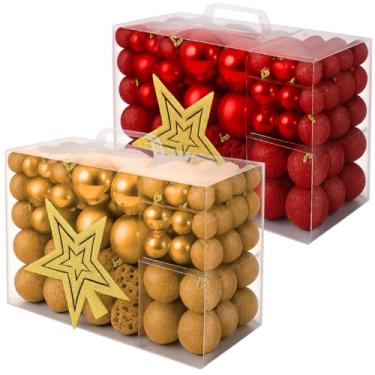 Imagem de Kit 100 Bolas De Natal Grande Lisas Foscas Glitter Enfeite Para Árvore Decoração Com Estrela (Dourado)