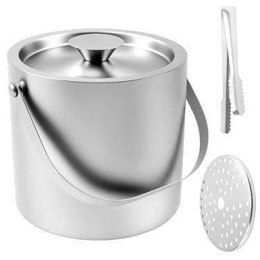 Imagem de Balde de gelo com tampa 3L de parede dupla de aço inoxidável isolado recipiente de gelo com filtro, alça, mantém o gelo frio e seco, bar doméstico, cerveja gelada, garrafa de vinho, champanhe (prata-1