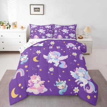 Imagem de Feelyou Conjunto de edredom de unicórnio rosa roxo para todas as estações com desenho de unicórnio arco-íris e 2 fronhas fofas de microfibra floral, roupa de cama de casal com cavalo sonhador, edredom
