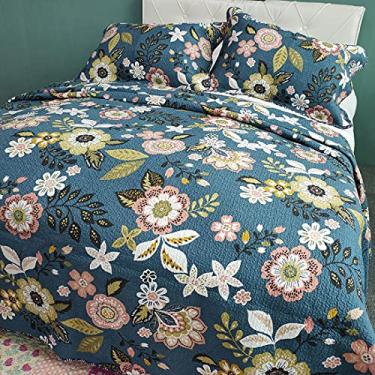 Imagem de Conjunto de colcha de cama acolchoada de algodão floral boêmio, tamanho queen, leve, 1 colcha e 2 fronhas (amarelo, Queen) (flor 805 Queen (231 x 248 cm))