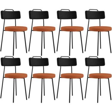 Imagem de Kit 08 Cadeiras Estofada Para Sala De Jantar Barcelona L02 Couríssimo Preto Tecido Terracota - Lyam