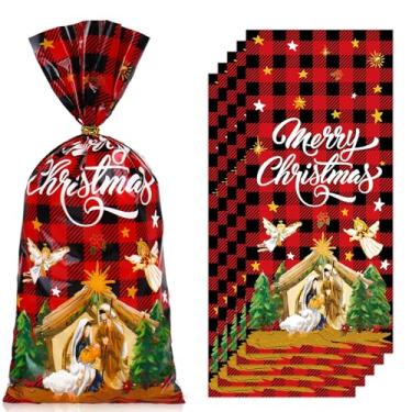 Imagem de JarThenaAMCS 100 unidades de sacos de celofane de Natal com laços torcidos, saco de guloseimas de plástico para doces para lembrancinhas de festa de Natal cristãs, suprimentos