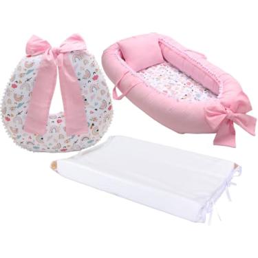 Imagem de Kit Ninho Redutor De Berço Menina + Almofada De Amamentação + Trocador liso Menina (Arco Iris troc branco)