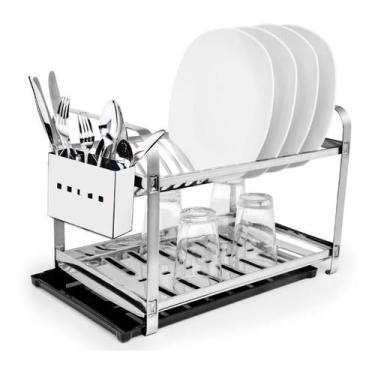 Imagem de Escorredor Inox 16 Pratos Porta Talher Inox Bandeja Coletora Preta - M