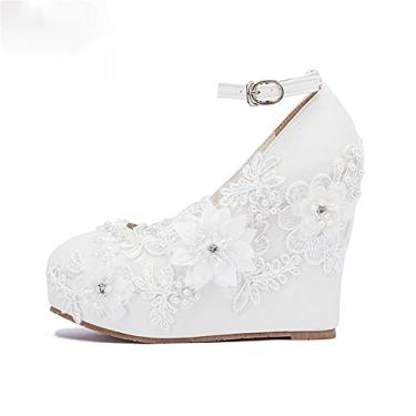 Imagem de Bigfanshu Sandálias femininas de salto alto com flor de renda branca sapatos de salto alto cabeça redonda boca rasa flor pérola sapatos de casamento salto grosso tamanho grande sapatos de salto alto, Branco, 36 BR
