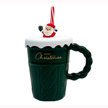Imagem de Caneca com Tampa e Canudo Verde Merry Christmas em Cerâmica 400ml MP15