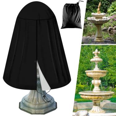 Imagem de Tryitsbest Capa de fonte, capa de estátua de jardim de pano Oxford 420D com revestimento prateado, protetor de fonte à prova d'água com cordão para fonte de pátio ao ar livre de inverno (preto-101,6
