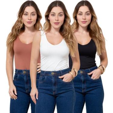 Imagem de Kit 3 Regatas Feminina Decote V em Poliamida - Maranne, Kit32, M