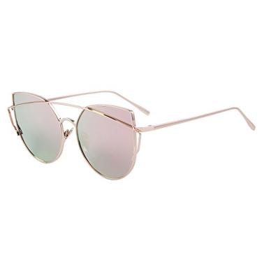 Imagem de Óculos de sol femininos modernos olho de gato, revestimento de lentes espelhadas, óculos de sol grandes UV400, Armação dourada/lente espelhada rosa, Lens Width: 55 Millimeters