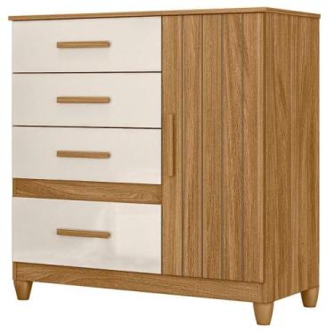 Imagem de Comoda Venus 4 Gavetas 1 Porta Com Pes 98 Cm Freijo Off White Friso Mo