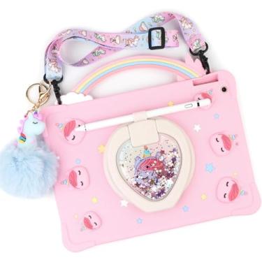 Imagem de [Capa super fofa de unicórnio arco-íris] Capa infantil para iPad 9,7 polegadas Air 1ª geração/iPad 5 2016 modelo capa para crianças meninas com alça de mão e suporte giratório de 360° - rosa