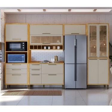 Imagem de Cozinha Modulada Completa 5 Peças 11 Portas E Vidro Reflecta 349cm 100% Mdf Vicenza Espresso Móveis Amêndoa-off White