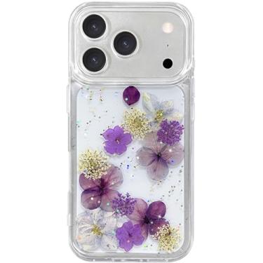 Imagem de Abbery Capa para iPhone 17 Pro com glitter transparente com flores prensadas de verdade, bonito, brilhante, estética, feminina, TPU macio, à prova de choque, capa protetora floral roxa seca