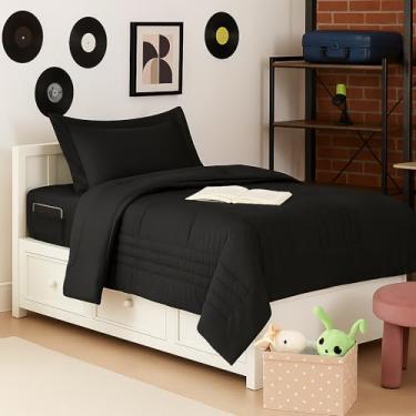 Imagem de Conjunto de edredom de solteiro listrado acolchoado – Conjunto elegante com edredom, protetor de colchão, conjunto de lençóis e fronhas — design listrado sofisticado para casa e quartos de hóspedes