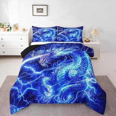 Imagem de Castle Fairy Conjunto de edredom casal com dragão fogo, relâmpago para adultos e adolescentes, conjunto de edredom de dragão azul luxuoso, conjunto de colcha de chama, decoração de quarto, 3 peças