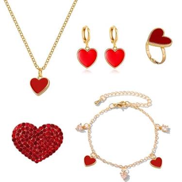 Imagem de ONLYJUMP 5 pares de brincos de coração vermelho amor colar pulseira e anel conjunto de joias para mulheres bonito cristal coração broches esmalte vermelho moda simples jóias, Large, Liga de aço
