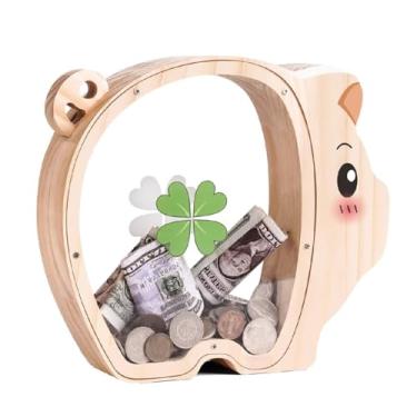 Imagem de Cofrinho de porco de madeira para crianças, cofrinho inquebrável para crianças com adesivo de carta, pote de madeira para dinheiro, presente de aniversário personalizado, brinquedo educativo para