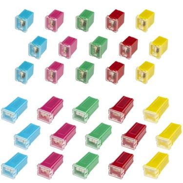 Imagem de 30 peças de fusíveis automotivos sortidas, inclui 15 fusíveis de perfil alto e 15 fusíveis de micro cartucho de perfil baixo classificados 20A, 30A, 40A, 50A, 60A (3 de cada tipo), conjunto em caixa