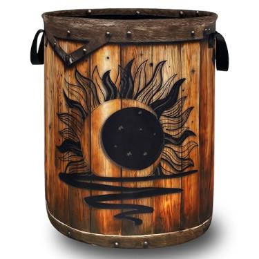 Imagem de Cesto de roupa suja lunar, pano Oxford, vintage, estrelas, madeira, sol, cesto de roupa com alça, dobrável, portátil, cesto de armazenamento de roupas, saco de roupa divertido, 48 cm x 42 cm, para