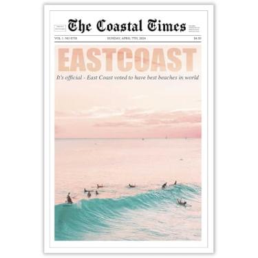 Imagem de Vintage Eastcoast Newspaper Surf Beachy Posters Orange And Blue Beach Canvas Wall Art Coastal Cowgirl Pintura Estética para Casa Quarto Dormitório Decoração de Parede 30,5 x 40,6 cm Sem Moldura