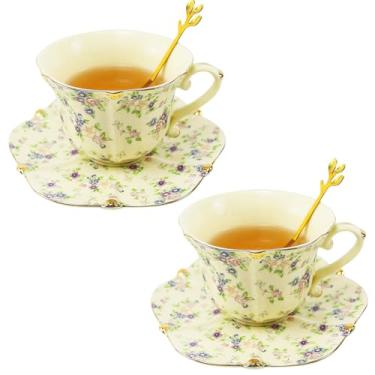 Imagem de Harahiko Conjunto de xícara de chá e pires de porcelana Country Roses com acabamento dourado, 6 peças, estilo vintage, para mulheres e festas de chá (2, amarelo)